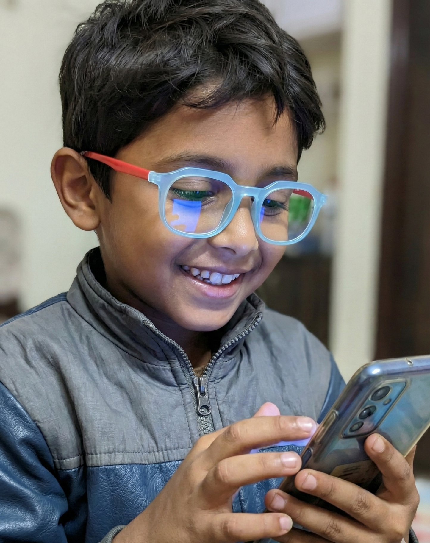 Kids(9-13 yrs) Zero Power Screen Protection GLASSES - Hexagon Skyblue / Peach